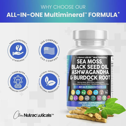 Sea Moss Black Seed Oil Ashwagandha Turmeric Bladderwrack Burdock & Vitamin C Vitamin D3 with Elderberry Manuka Dandelion Yellow Dock Iodine Chlorophyll ACV