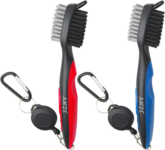 2 Pack Golf Club Brush Lightweight 2Ft Retractable Golf Brush and Club Groove Cleaner with Zip-Line Aluminum Carabiner(Red&Blue)