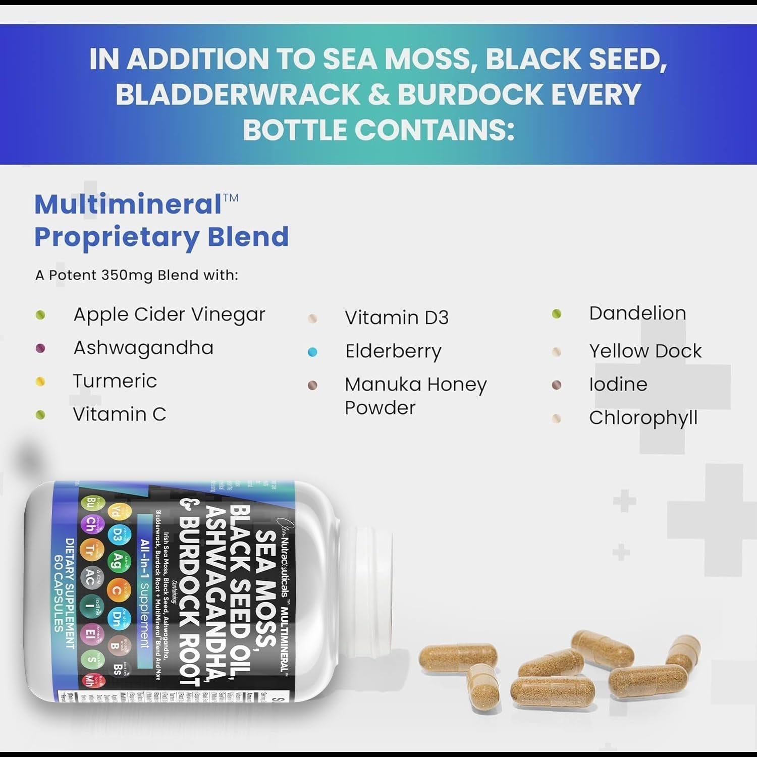 Sea Moss Black Seed Oil Ashwagandha Turmeric Bladderwrack Burdock & Vitamin C Vitamin D3 with Elderberry Manuka Dandelion Yellow Dock Iodine Chlorophyll ACV