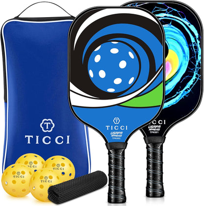 TICCI Pickleball Paddles, USAPA Approved Pickleball Paddles Set of 2, Lightweight Fiberglass Surface Pickleball Set, 4 Pickleballs, 1 Carry Bag & Mesh Bag, Pickle Ball Paddle Gifts for Men Women