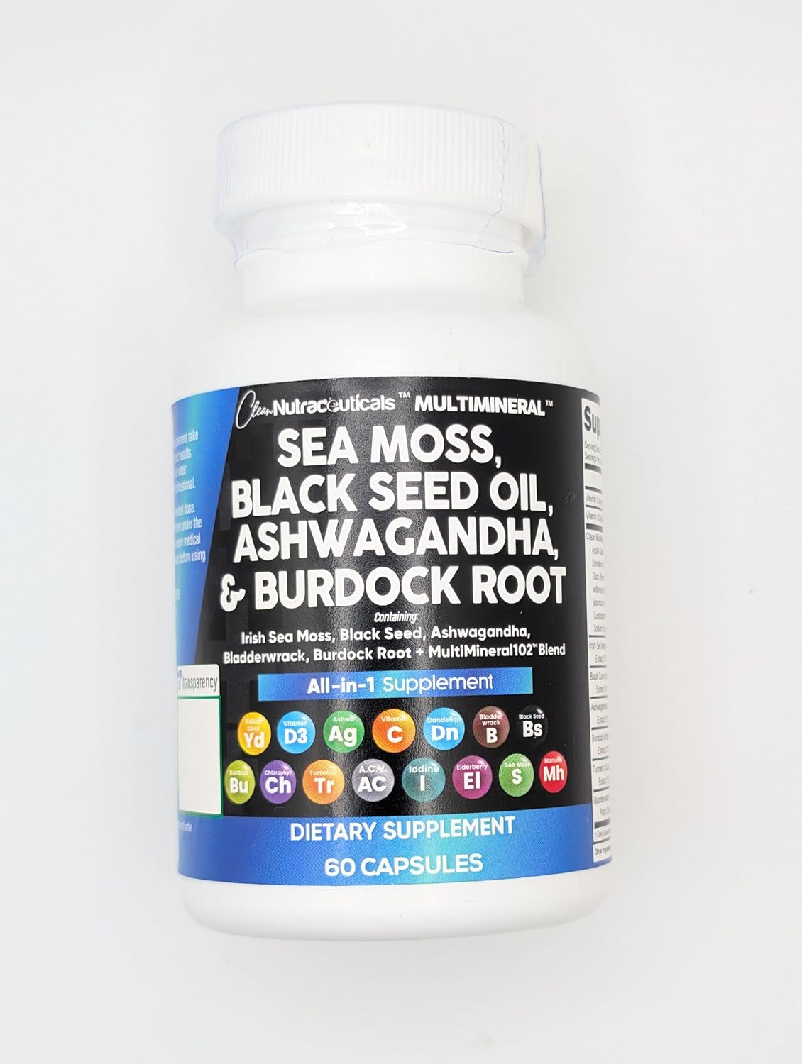 Sea Moss Black Seed Oil Ashwagandha Turmeric Bladderwrack Burdock & Vitamin C Vitamin D3 with Elderberry Manuka Dandelion Yellow Dock Iodine Chlorophyll ACV