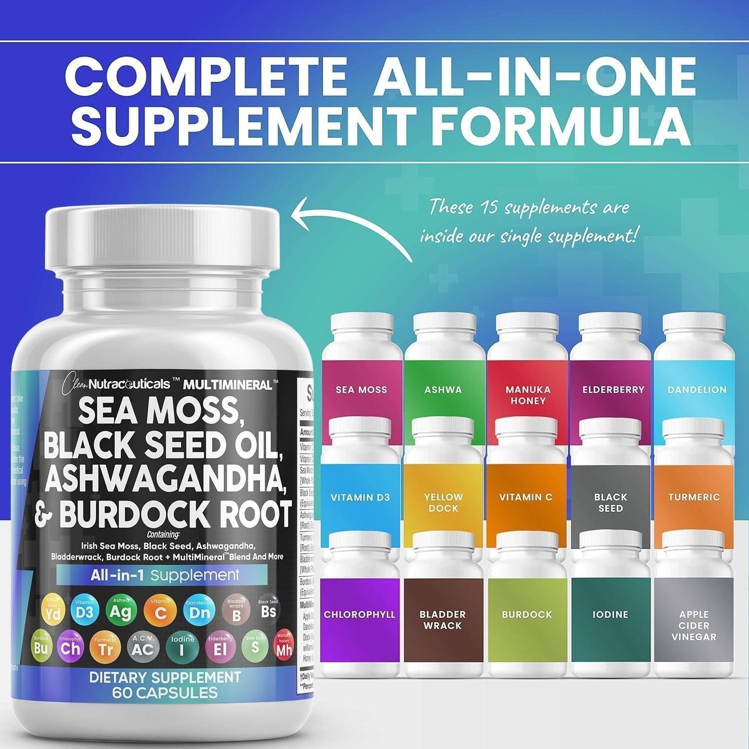 Sea Moss Black Seed Oil Ashwagandha Turmeric Bladderwrack Burdock & Vitamin C Vitamin D3 with Elderberry Manuka Dandelion Yellow Dock Iodine Chlorophyll ACV