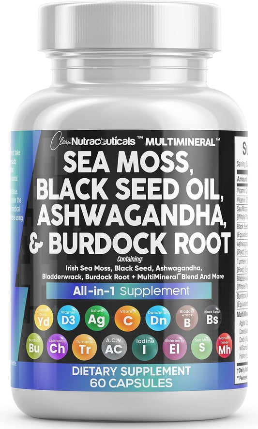 Sea Moss Black Seed Oil Ashwagandha Turmeric Bladderwrack Burdock & Vitamin C Vitamin D3 with Elderberry Manuka Dandelion Yellow Dock Iodine Chlorophyll ACV