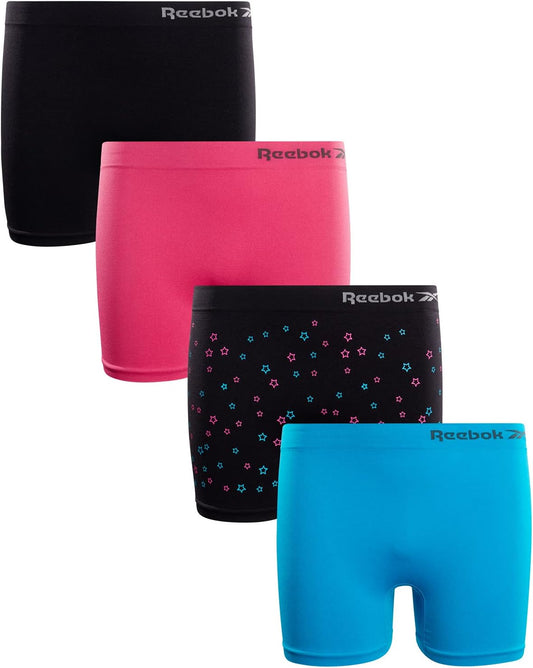 Girls’ Biker Shorts - 4 Pack Stretch Performance Girls Underwear Seamless Shorties - Cartwheel Shorts for Girls (6-16), Size 8-10, Black/Pink/Black Star/Blue